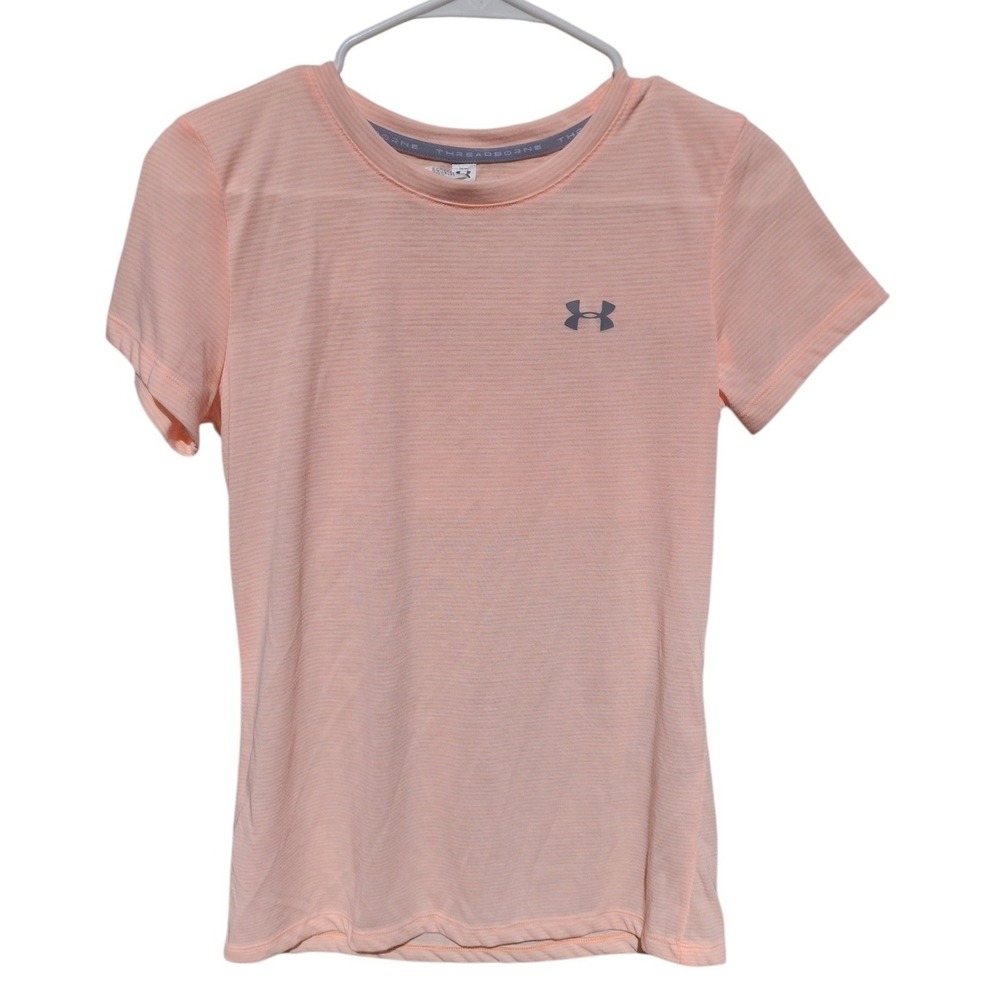 Under Armour HeatGear Threadborne Peach Stripe Athletic Tee Shirt Women XS Loose